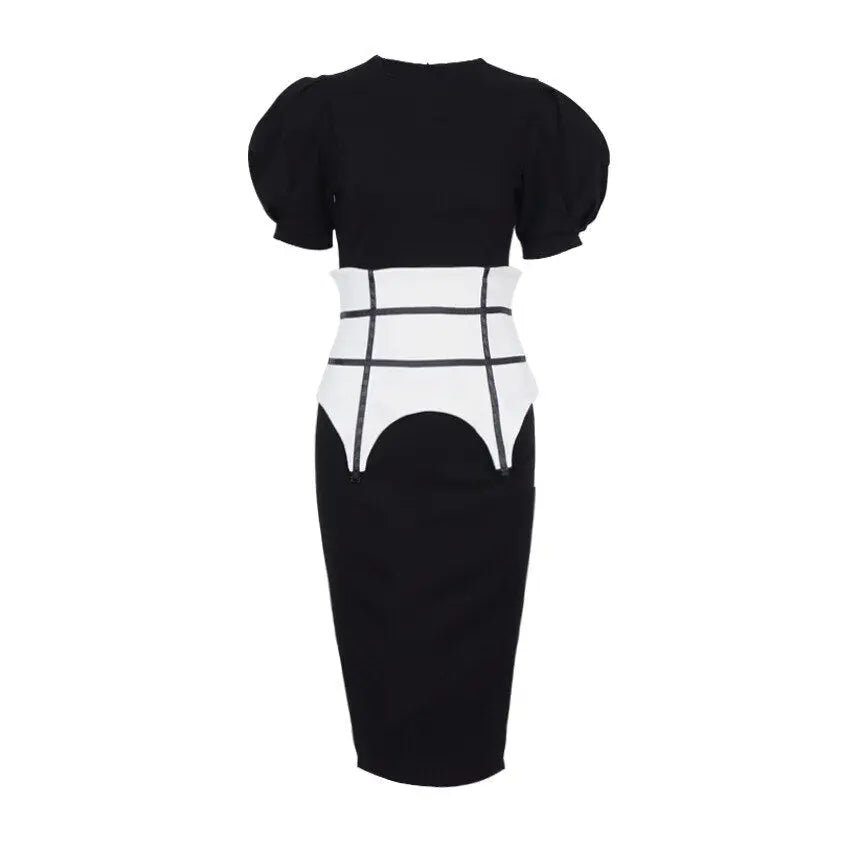 Summer Puff Short Sleeve Dress O-neck Office Lady Solid Color A-line Dress nowadaysfashion