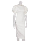 Summer Puff Short Sleeve Dress O-neck Office Lady Solid Color A-line Dress nowadaysfashion