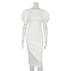 Summer Puff Short Sleeve Dress O-neck Office Lady Solid Color A-line Dress nowadaysfashion