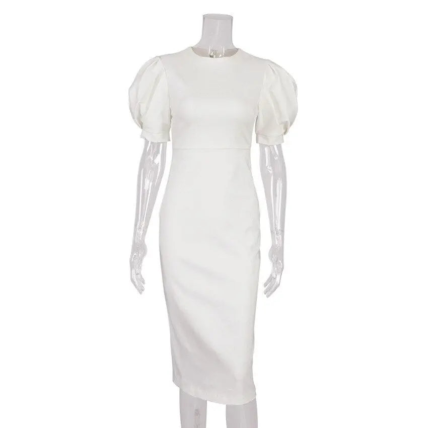 Summer Puff Short Sleeve Dress O-neck Office Lady Solid Color A-line Dress - Blade & Thread