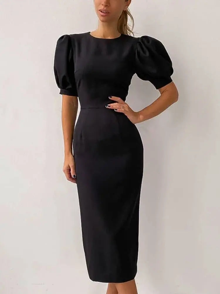Summer Puff Short Sleeve Dress O-neck Office Lady Solid Color A-line Dress - Blade & Thread