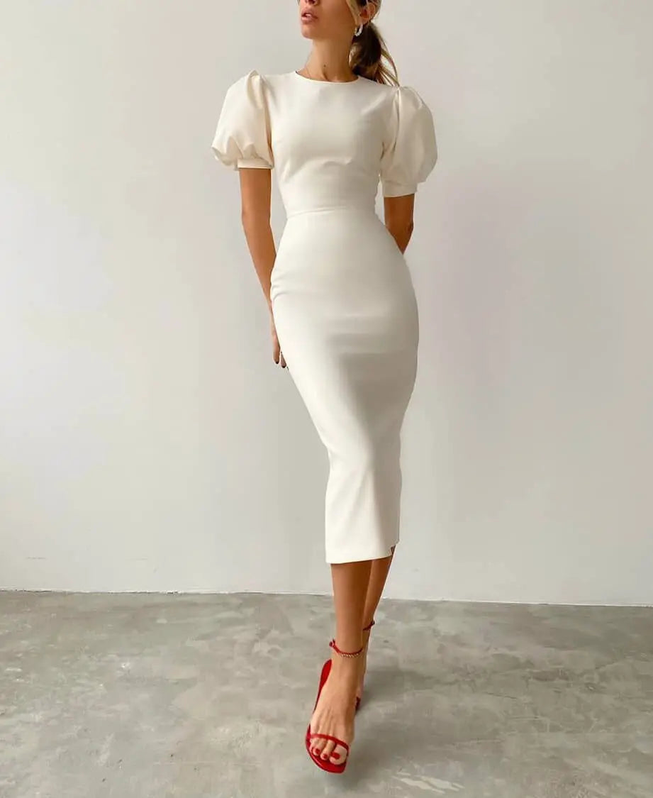 Summer Puff Short Sleeve Dress O-neck Office Lady Solid Color A-line Dress - Blade & Thread
