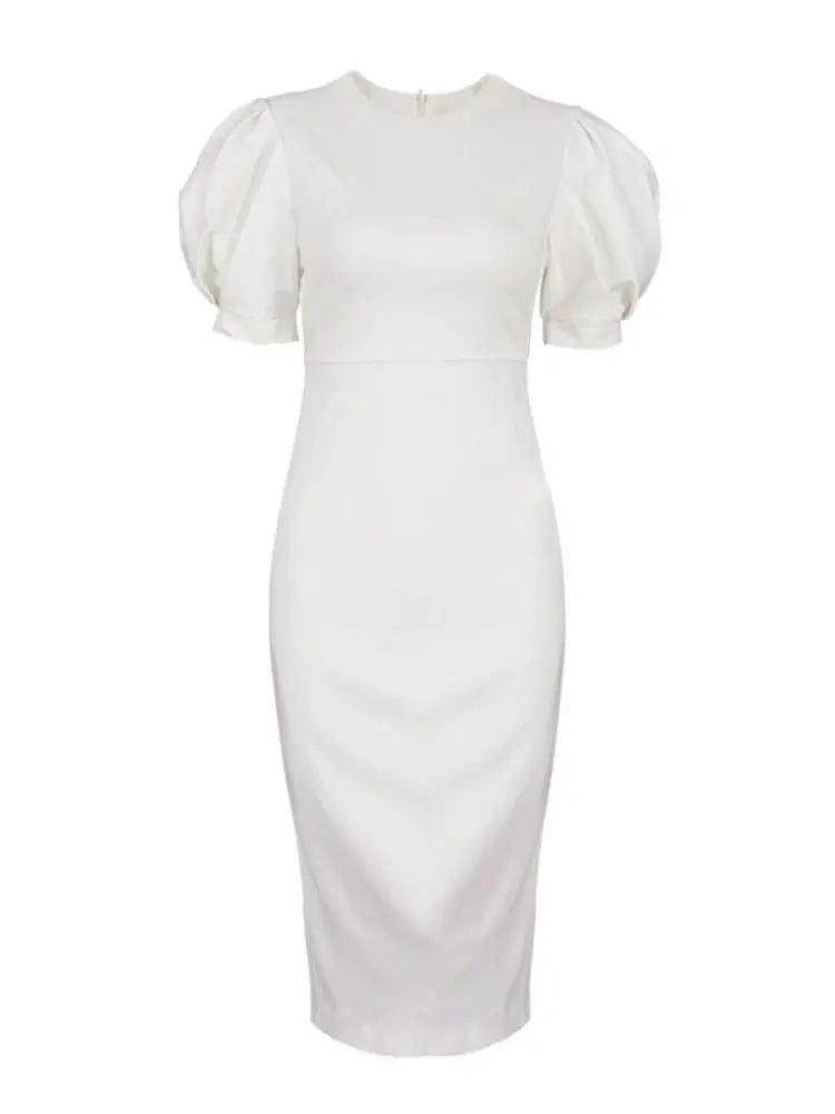 Summer Puff Short Sleeve Dress O-neck Office Lady Solid Color A-line Dress - Blade & Thread