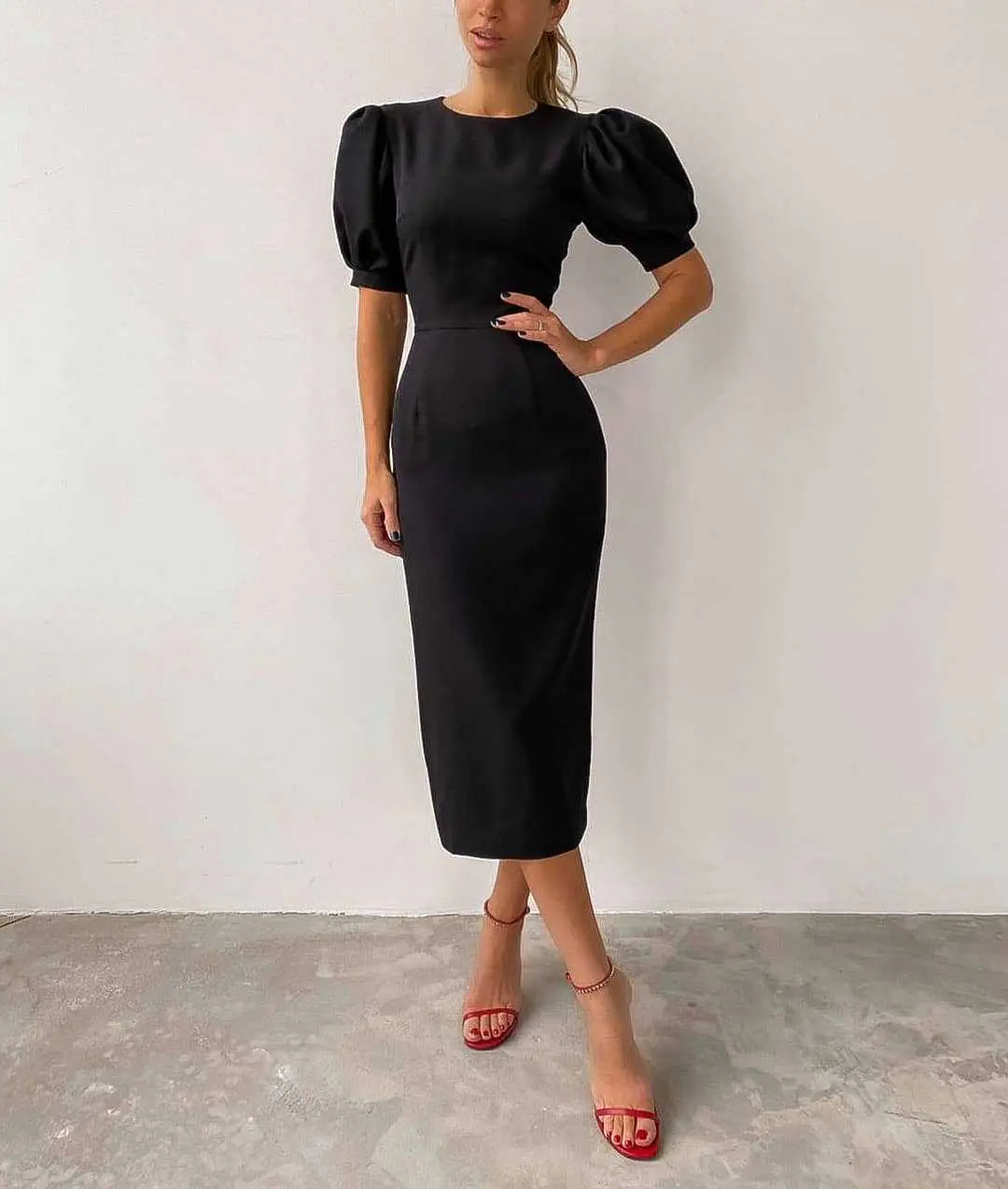 Summer Puff Short Sleeve Dress O-neck Office Lady Solid Color A-line Dress - Blade & Thread