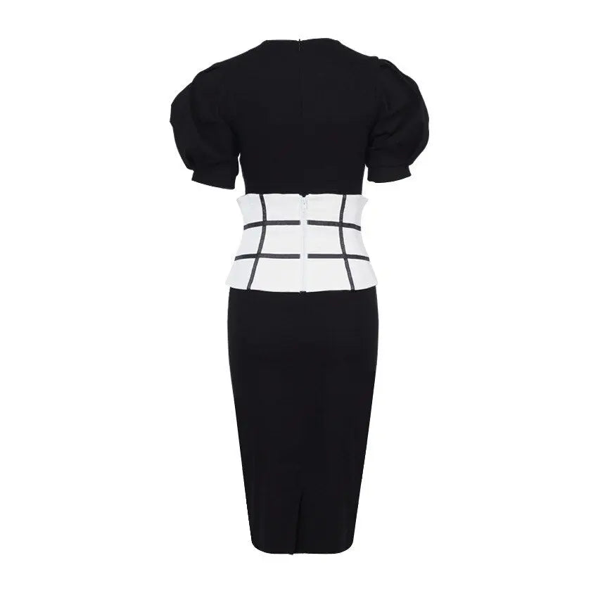 Summer Puff Short Sleeve Dress O-neck Office Lady Solid Color A-line Dress - Blade & Thread