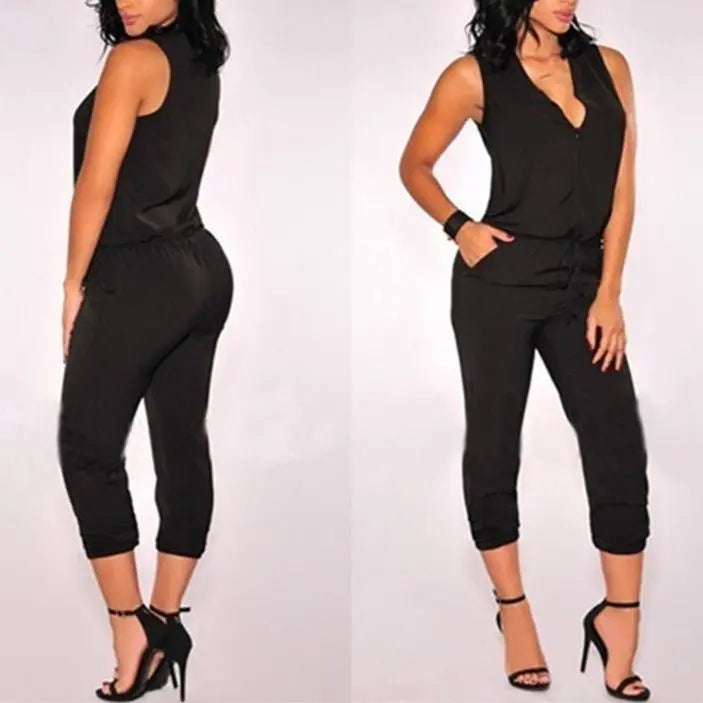 Summer Sexy V Neck Jumpsuit Long Pants Solid Rompers Women's Sleeveless One Piece Bodysuit - Blade & Thread