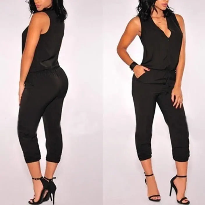 Summer Sexy V Neck Jumpsuit Long Pants Solid Rompers Women's Sleeveless One Piece Bodysuit - Blade & Thread