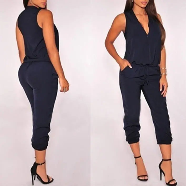 Summer Sexy V Neck Jumpsuit Long Pants Solid Rompers Women's Sleeveless One Piece Bodysuit - Blade & Thread