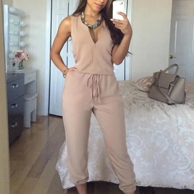Summer Sexy V Neck Jumpsuit Long Pants Solid Rompers Women's Sleeveless One Piece Bodysuit - Blade & Thread