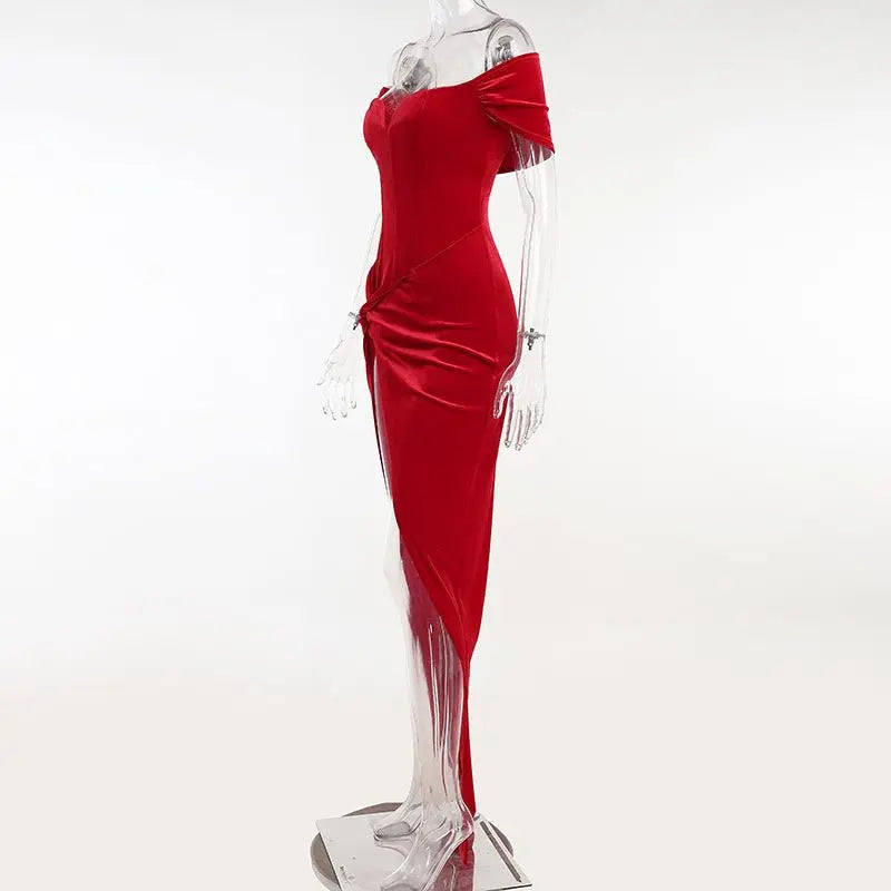 Summer Short Sleeve High Split Formal Evening Dress Women Solid Bodycon Long Dresses - Blade & Thread