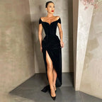 Summer Short Sleeve High Split Formal Evening Dress Women Solid Bodycon Long Dresses nowadaysfashion