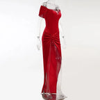 Summer Short Sleeve High Split Formal Evening Dress Women Solid Bodycon Long Dresses nowadaysfashion