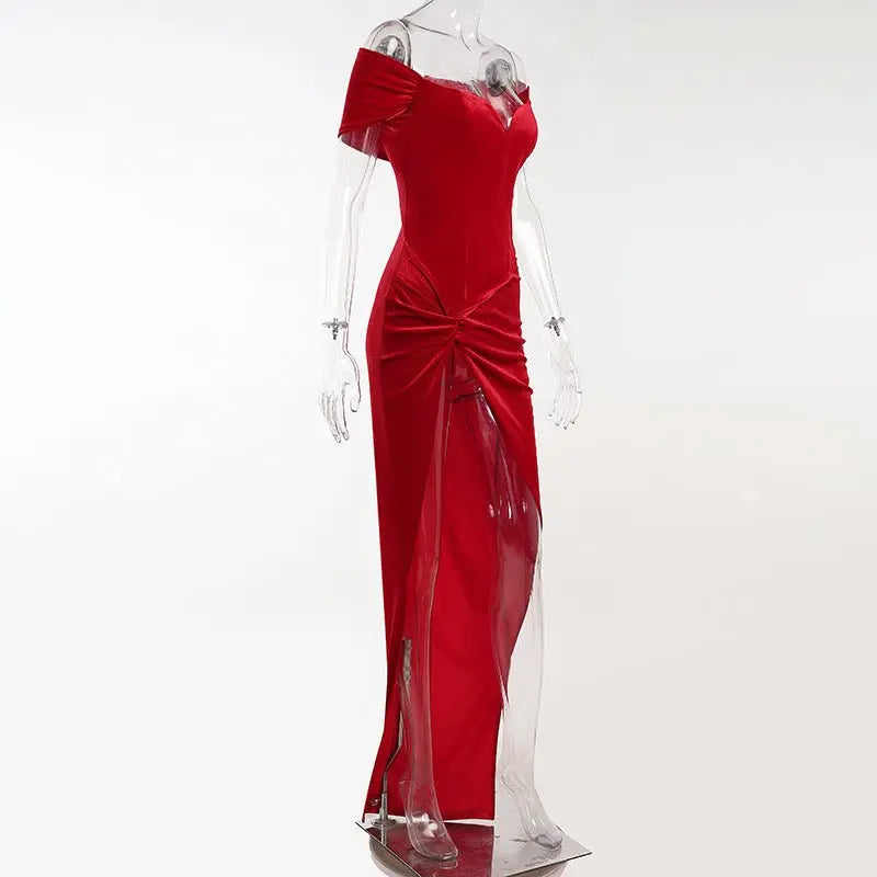 Summer Short Sleeve High Split Formal Evening Dress Women Solid Bodycon Long Dresses - Blade & Thread