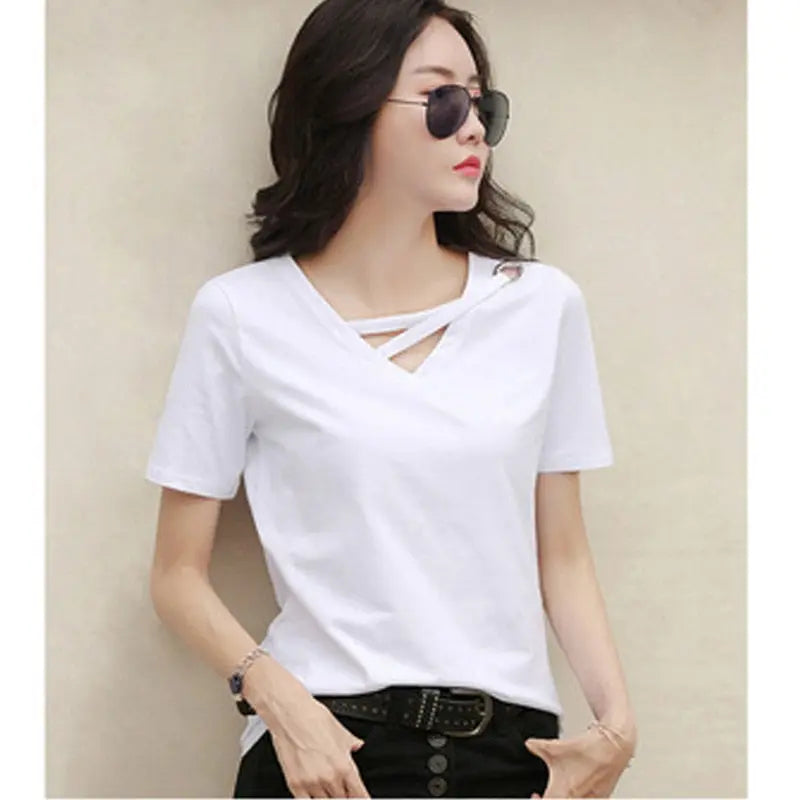 summer short sleeve women white t-shirt women V-neck loose black top casual t shirt women nowadaysfashion