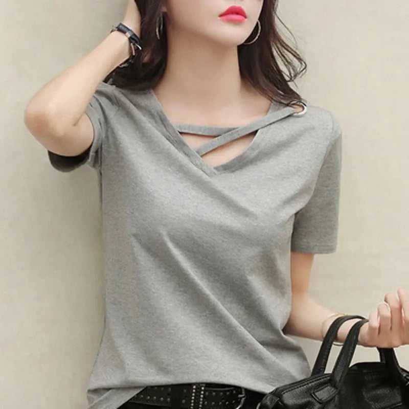 summer short sleeve women white t-shirt women V-neck loose black top casual t shirt women nowadaysfashion