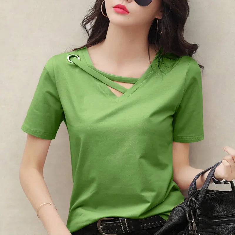 summer short sleeve women white t-shirt women V-neck loose black top casual t shirt women nowadaysfashion