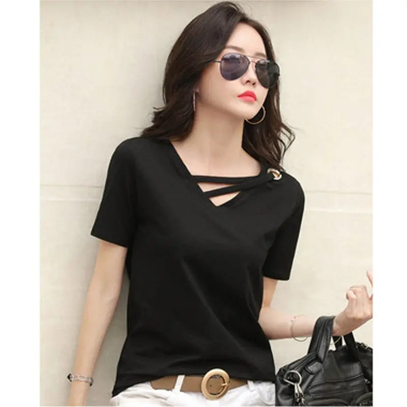 summer short sleeve women white t-shirt women V-neck loose black top casual t shirt women nowadaysfashion