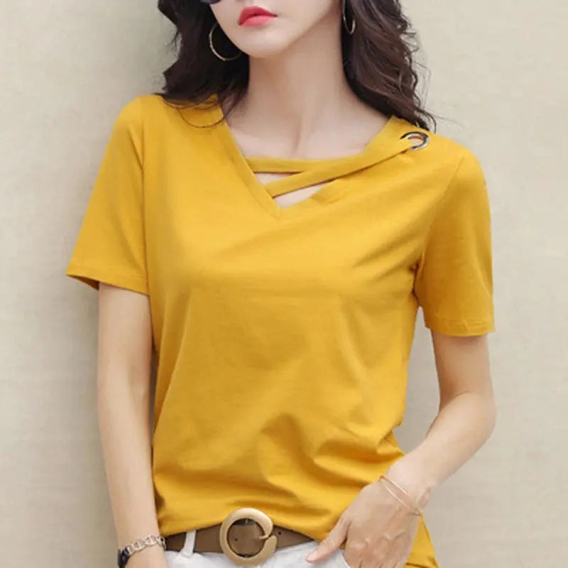 summer short sleeve women white t-shirt women V-neck loose black top casual t shirt women nowadaysfashion