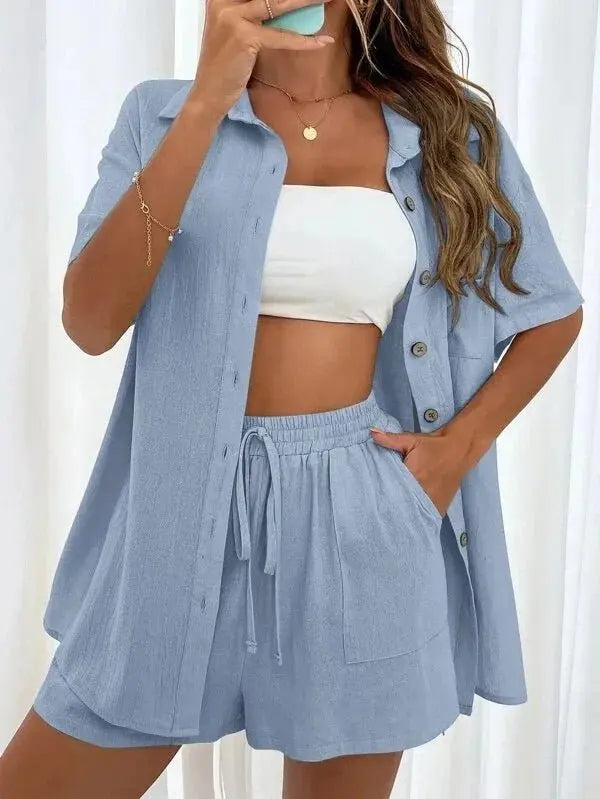Summer Single breasted Top Broad legged Shorts Set Solid Suits - Blade & Thread