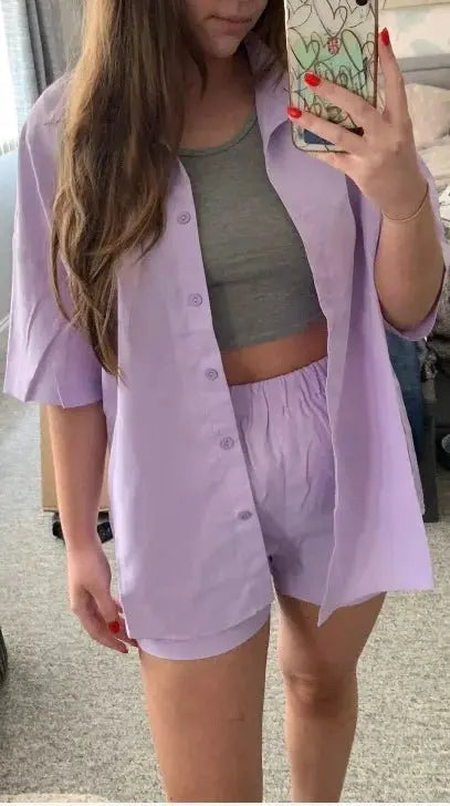 Summer Single breasted Top Broad legged Shorts Set Solid Suits - Blade & Thread