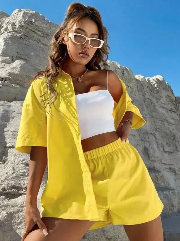 Summer Single breasted Top Broad legged Shorts Set Solid Suits - Blade & Thread