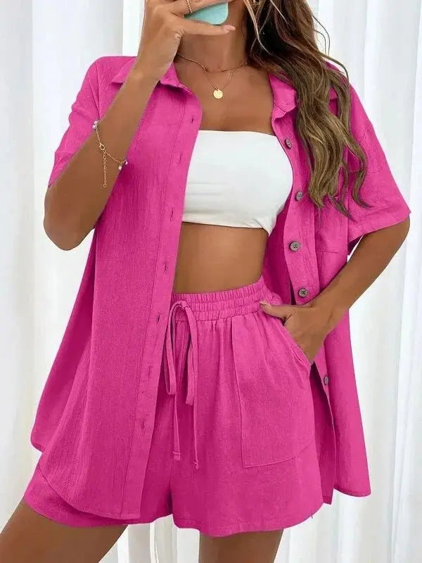 Summer Single breasted Top Broad legged Shorts Set Solid Suits nowadaysfashion