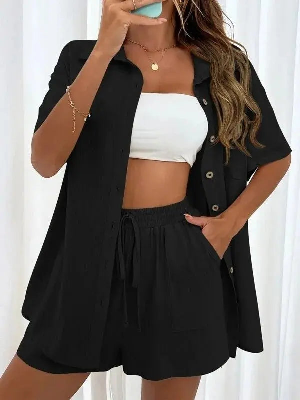 Summer Single breasted Top Broad legged Shorts Set Solid Suits nowadaysfashion