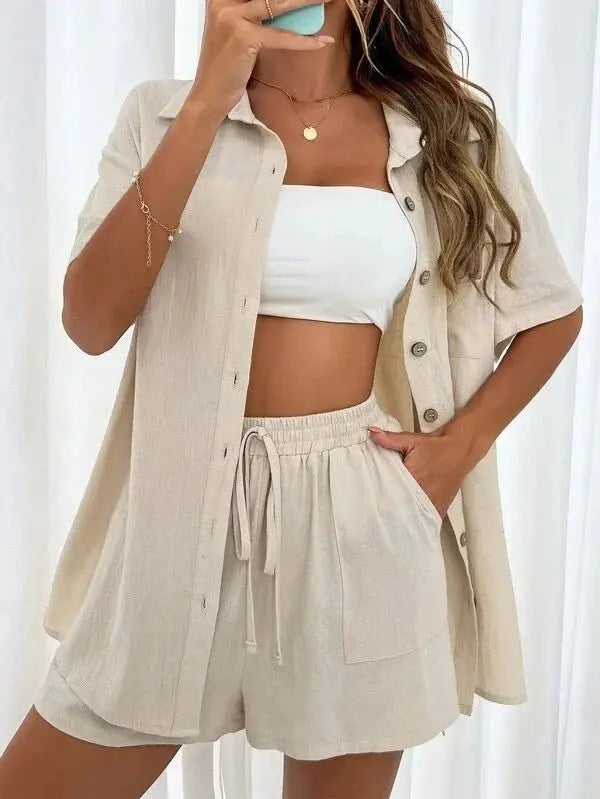 Summer Single breasted Top Broad legged Shorts Set Solid Suits - Blade & Thread
