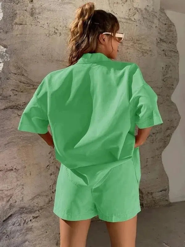 Summer Single breasted Top Broad legged Shorts Set Solid Suits - Blade & Thread