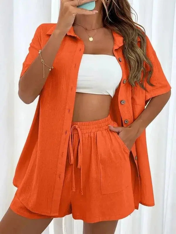 Summer Single breasted Top Broad legged Shorts Set Solid Suits - Blade & Thread