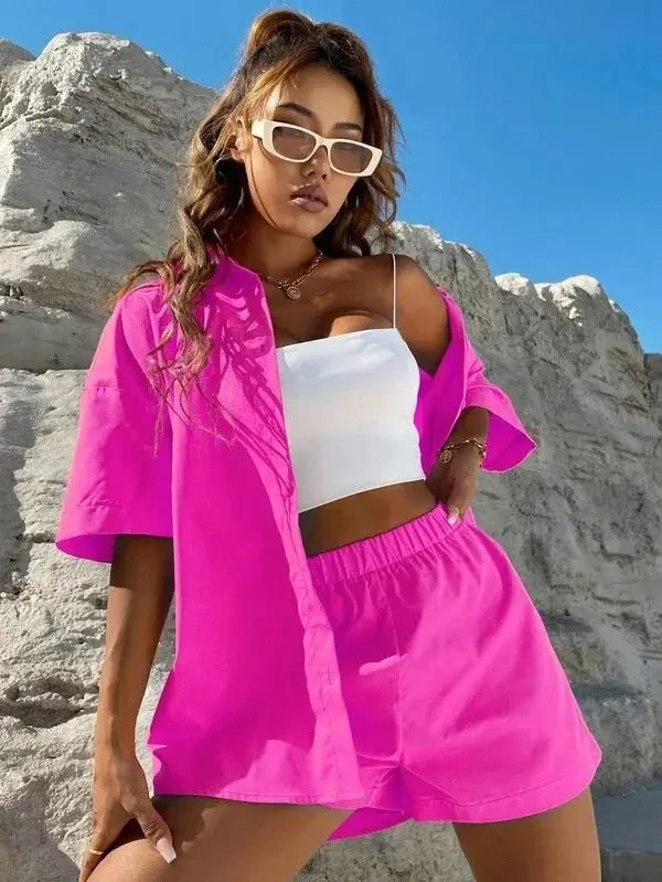 Summer Single breasted Top Broad legged Shorts Set Solid Suits - Blade & Thread