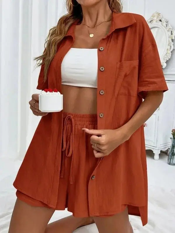 Summer Single breasted Top Broad legged Shorts Set Solid Suits - Blade & Thread