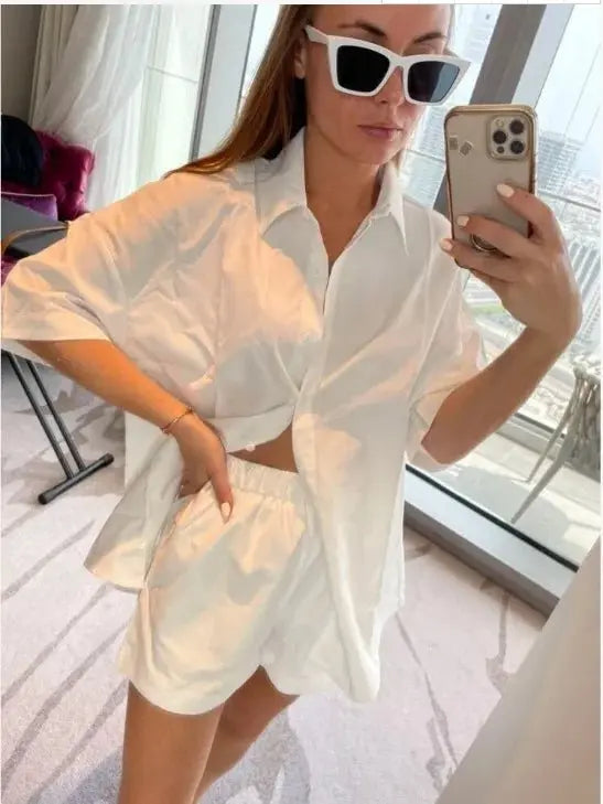 Summer Single breasted Top Broad legged Shorts Set Solid Suits - Blade & Thread