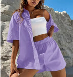 Summer Single breasted Top Broad legged Shorts Set Solid Suits nowadaysfashion
