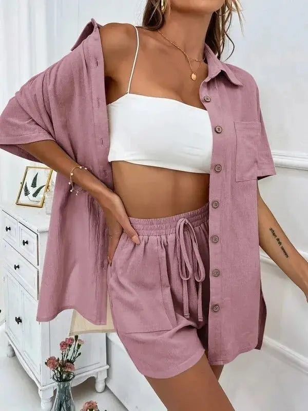 Summer Single breasted Top Broad legged Shorts Set Solid Suits nowadaysfashion