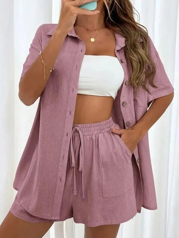 Summer Single breasted Top Broad legged Shorts Set Solid Suits - Blade & Thread