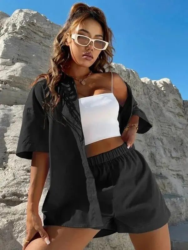 Summer Single breasted Top Broad legged Shorts Set Solid Suits nowadaysfashion