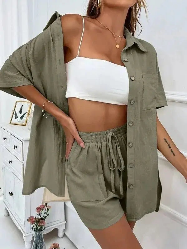 Summer Single breasted Top Broad legged Shorts Set Solid Suits nowadaysfashion