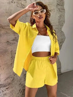 Summer Single breasted Top Broad legged Shorts Set Solid Suits nowadaysfashion