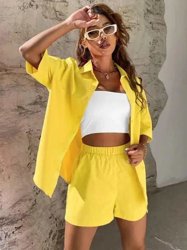 Summer Single breasted Top Broad legged Shorts Set Solid Suits - Blade & Thread
