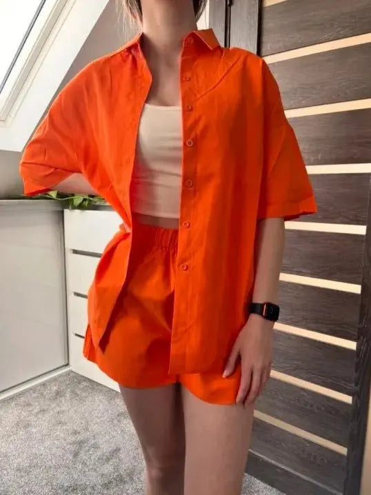 Summer Single breasted Top Broad legged Shorts Set Solid Suits nowadaysfashion