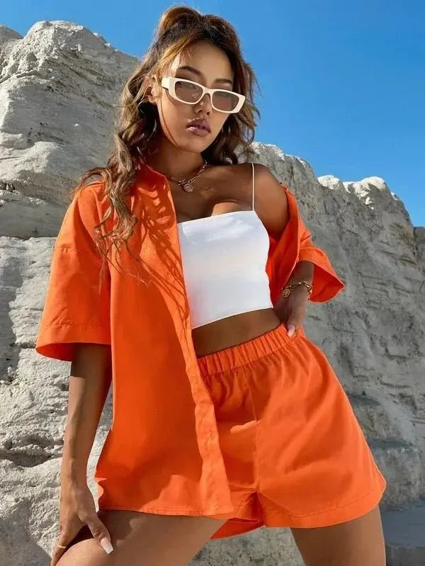 Summer Single breasted Top Broad legged Shorts Set Solid Suits - Blade & Thread