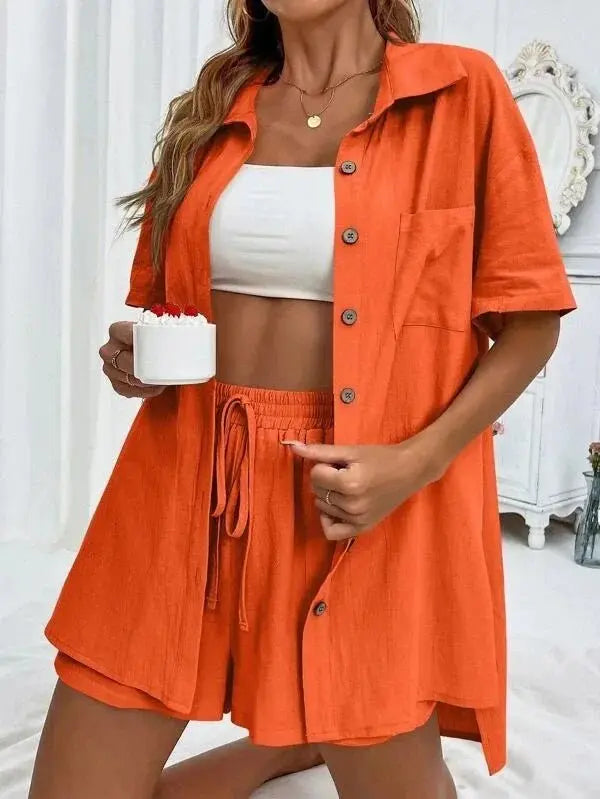 Summer Single breasted Top Broad legged Shorts Set Solid Suits - Blade & Thread