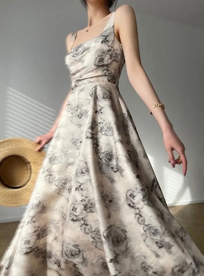 Summer Sleeveless Women Printed Dress Elegant Slim Waist Spaghetti Strap Female - Blade & Thread