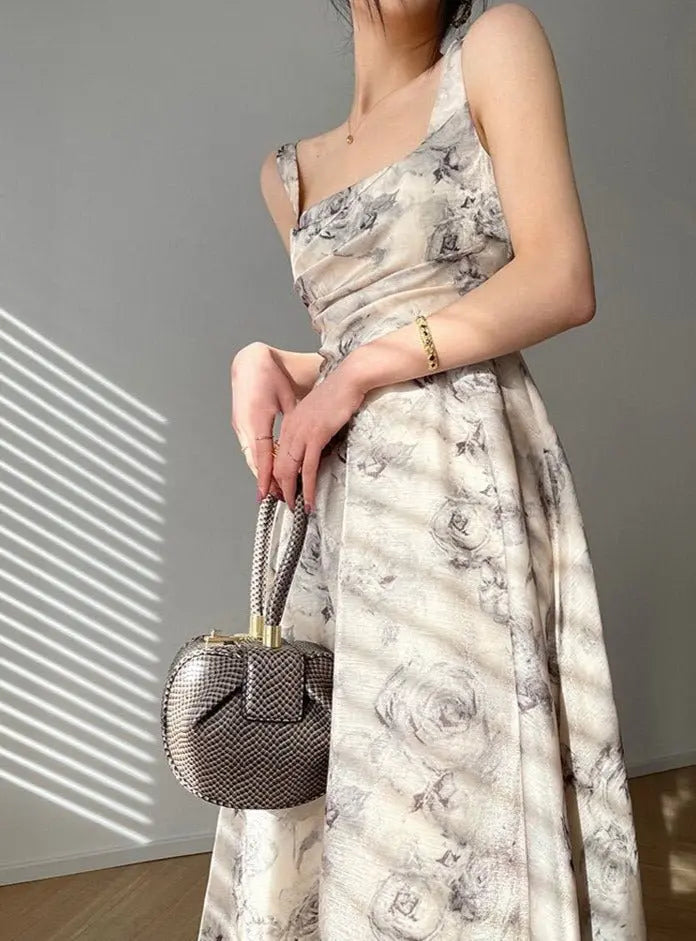 Summer Sleeveless Women Printed Dress Elegant Slim Waist Spaghetti Strap Female - Blade & Thread