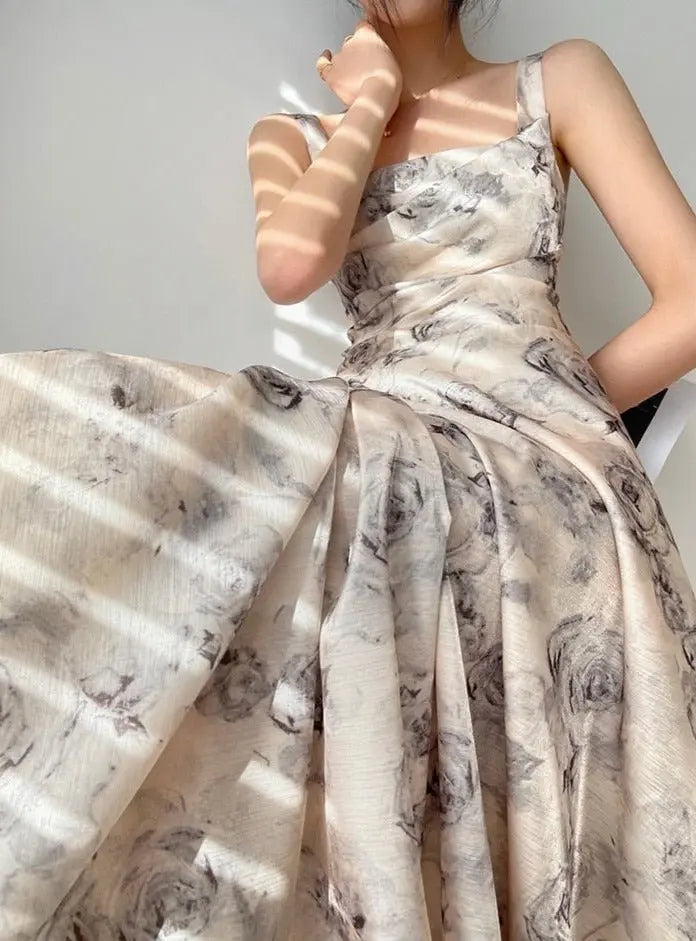 Summer Sleeveless Women Printed Dress Elegant Slim Waist Spaghetti Strap Female - Blade & Thread