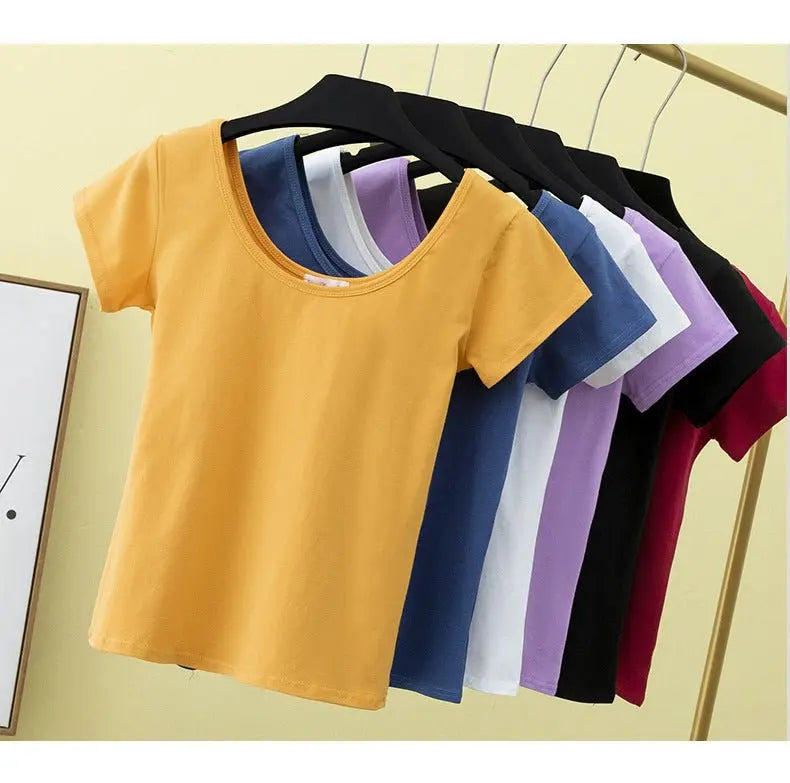 Summer slim fit large U-neck short-sleeved T-shirt nowadaysfashion