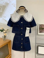 Summer Sweet Denim Suit Lace Peter Pan Collar Single Breasted Tops+high Waist A-line Skirts nowadaysfashion