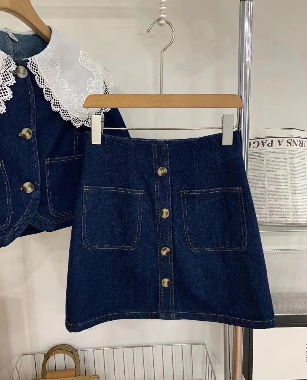 Summer Sweet Denim Suit Lace Peter Pan Collar Single Breasted Tops+high Waist A-line Skirts - Blade & Thread