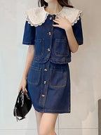 Summer Sweet Denim Suit Lace Peter Pan Collar Single Breasted Tops+high Waist A-line Skirts nowadaysfashion